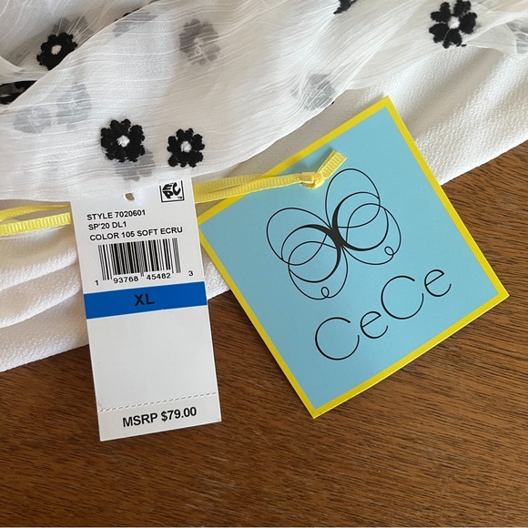 NWT CeCe White Blouse with Black Embroidered Floral Sheer Sleeves - Picture 3 of 9